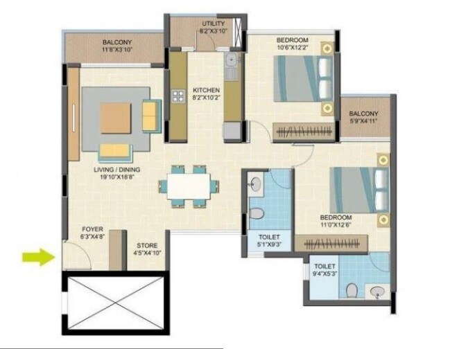 Floor plan of 2 BHK 1196 Sq. Ft. Apartment in Nitesh Caesars Palace, Bangalore