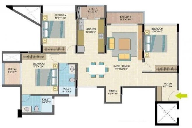 Floor plan of 3 BHK 1494 Sq. Ft. Apartment in Nitesh Caesars Palace, Bangalore