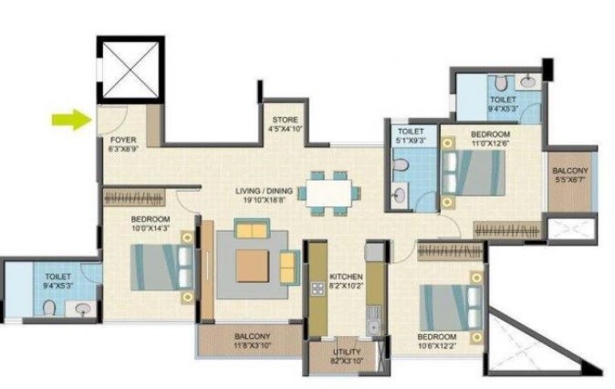 Floor plan of 3 BHK 1597 Sq. Ft. Apartment in Nitesh Caesars Palace, Bangalore