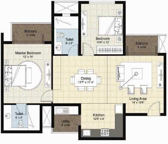 Floor plan of 2 BHK 1260 Sq. Ft. Apartment in Nitesh Cape Cod, Bangalore