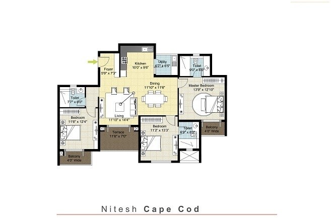 Floor plan of 3 BHK 1665 Sq. Ft. Apartment in Nitesh Cape Cod, Bangalore