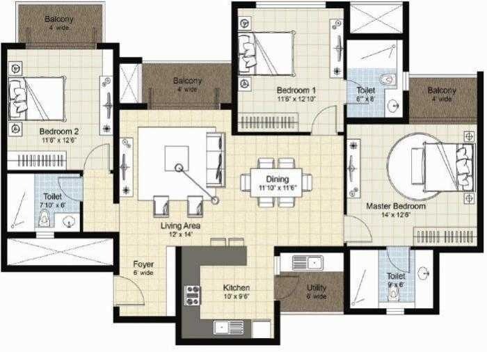 Floor plan of 3 BHK 1697 Sq. Ft. Apartment in Nitesh Cape Cod, Bangalore