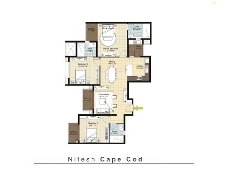 Floor plan of 3 BHK 1716 Sq. Ft. Apartment in Nitesh Cape Cod, Bangalore