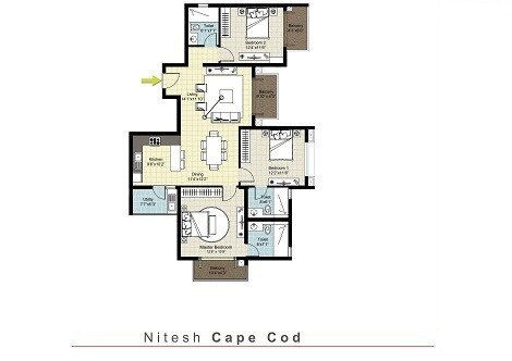 Floor plan of 3 BHK 2025 Sq. Ft. Apartment in Nitesh Cape Cod, Bangalore