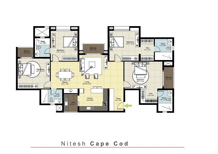 Floor plan of 4 BHK 2025 Sq. Ft. Apartment in Nitesh Cape Cod, Bangalore