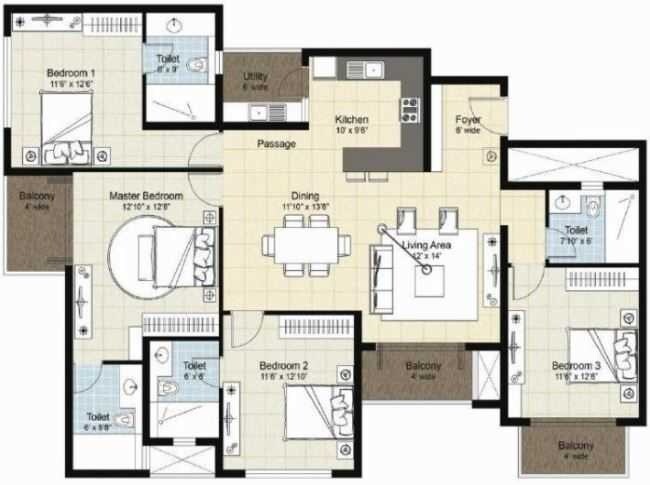 Floor plan of 4 BHK 2385 Sq. Ft. Apartment in Nitesh Cape Cod, Bangalore