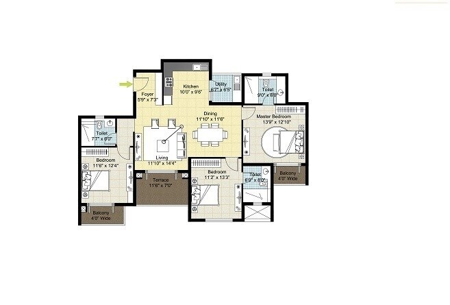 Floor plan of 3 BHK 1665 Sq. Ft. Apartment in Nitesh Cape Cod Phase 2, Bangalore