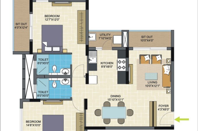 Floor plan of 2 BHK 1226 Sq. Ft. Apartment in Nitesh Columbus Square, Bangalore