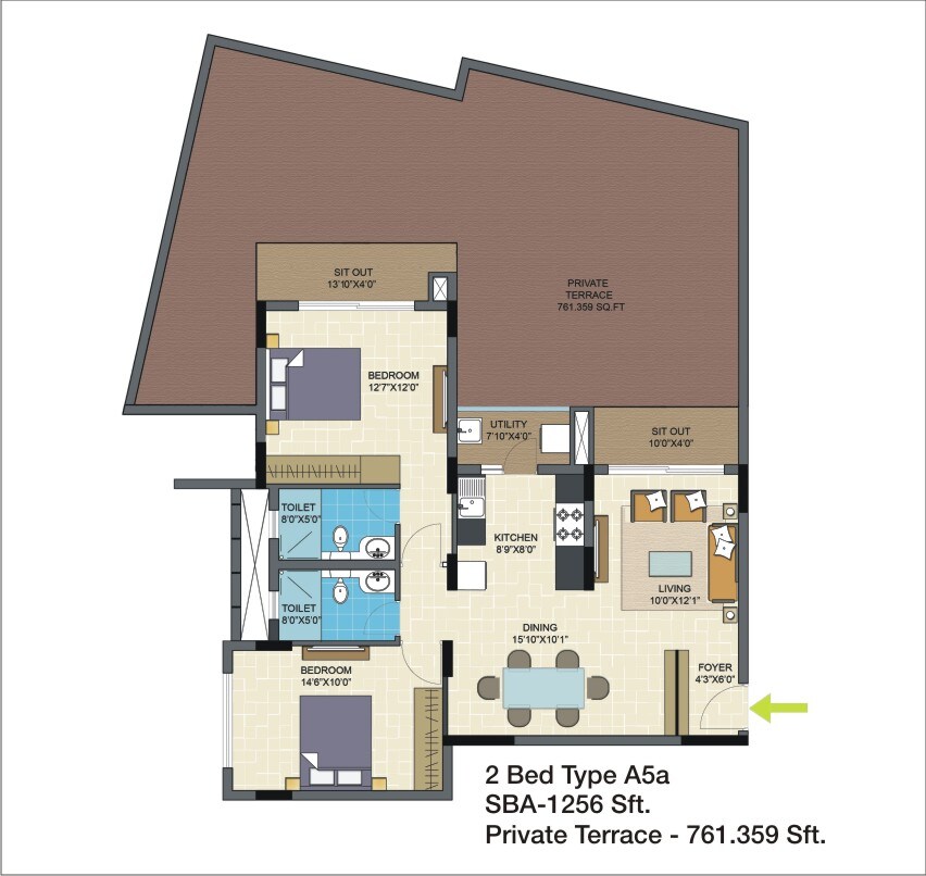 Floor plan of 2 BHK 1256 Sq. Ft. Apartment in Nitesh Columbus Square, Bangalore