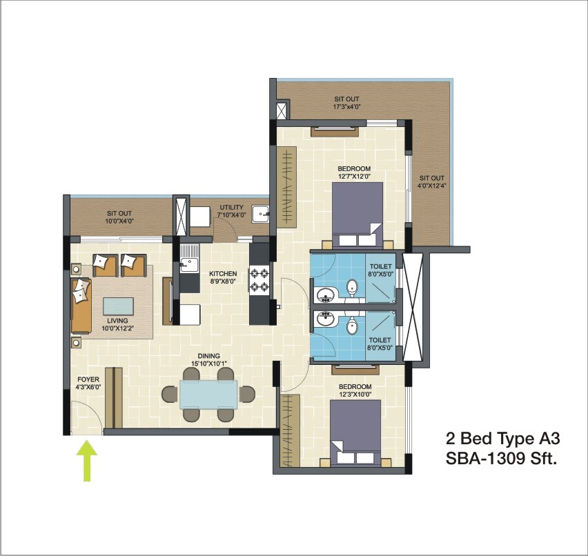 Floor plan of 2 BHK 1309 Sq. Ft. Apartment in Nitesh Columbus Square, Bangalore
