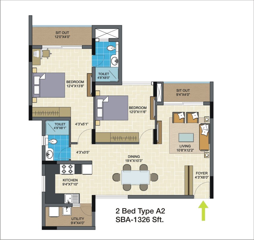 Floor plan of 2 BHK 1326 Sq. Ft. Apartment in Nitesh Columbus Square, Bangalore