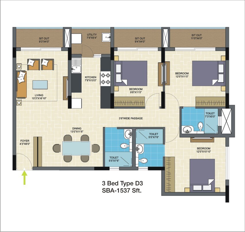 Floor plan of 3 BHK 1537 Sq. Ft. Apartment in Nitesh Columbus Square, Bangalore