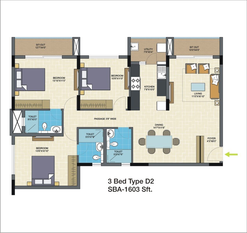 Floor plan of 3 BHK 1603 Sq. Ft. Apartment in Nitesh Columbus Square, Bangalore