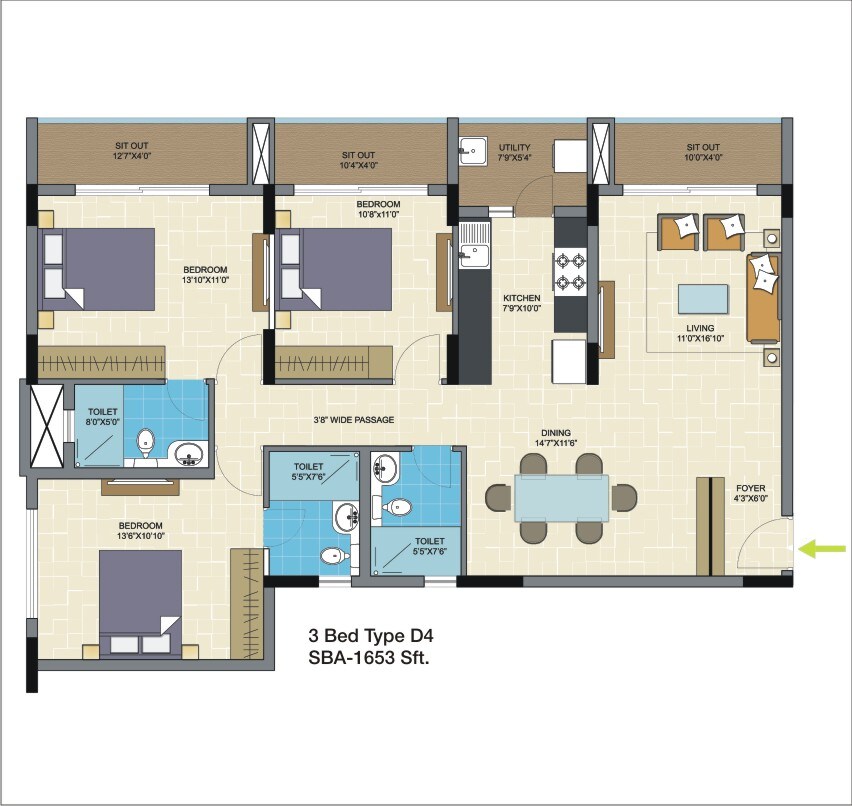 Floor plan of 3 BHK 1653 Sq. Ft. Apartment in Nitesh Columbus Square, Bangalore