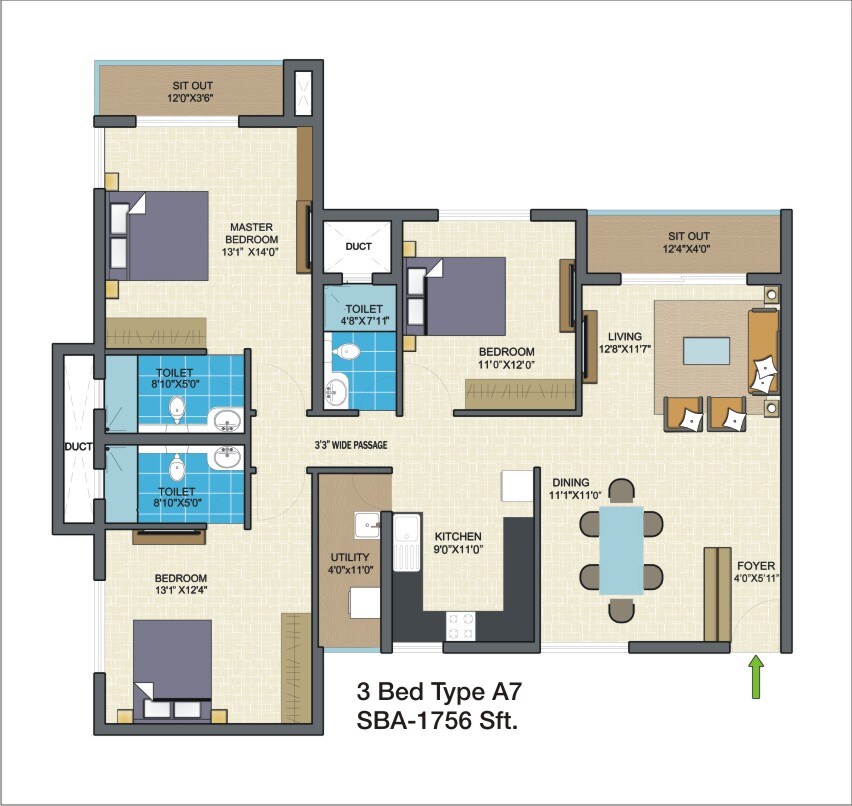 Floor plan of 3 BHK 1756 Sq. Ft. Apartment in Nitesh Columbus Square, Bangalore