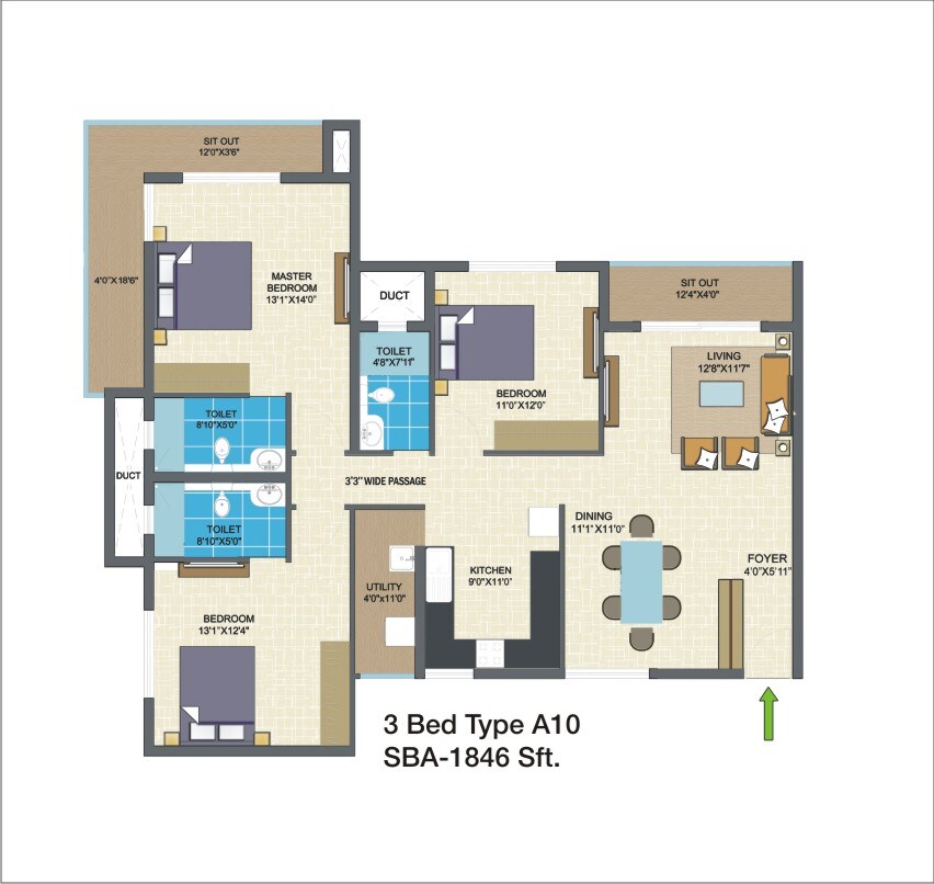 Floor plan of 3 BHK 1846 Sq. Ft. Apartment in Nitesh Columbus Square, Bangalore