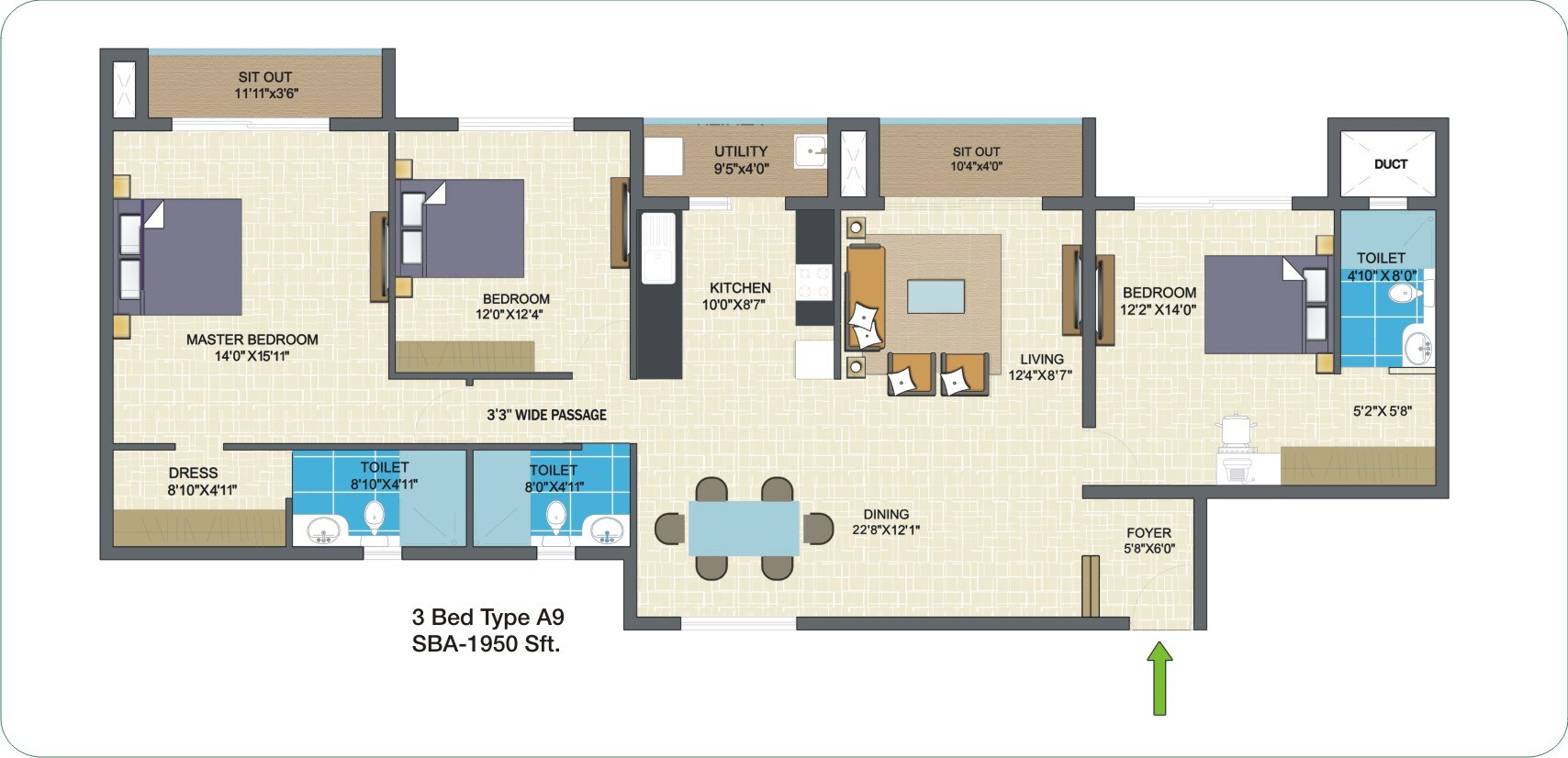 Floor plan of 3 BHK 1950 Sq. Ft. Apartment in Nitesh Columbus Square, Bangalore
