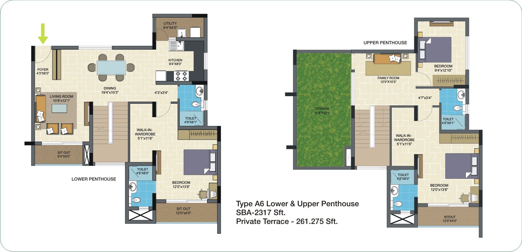 Floor plan of 3 BHK 2317 Sq. Ft. Penthouse in Nitesh Columbus Square, Bangalore