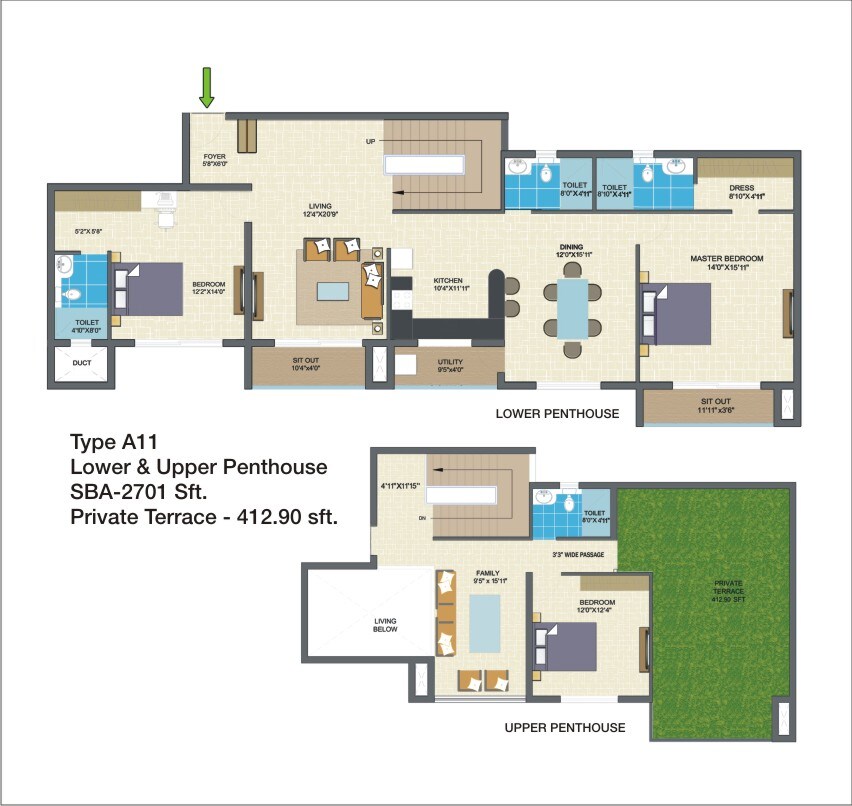 Floor plan of 3 BHK 2701 Sq. Ft. Penthouse in Nitesh Columbus Square, Bangalore