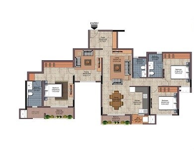 Floor plan of 3 BHK 1223 Sq. Ft. Apartment in Nitesh Hyde Park, Bangalore