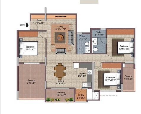 Floor plan of 3 BHK 1813 Sq. Ft. Apartment in Nitesh Hyde Park, Bangalore
