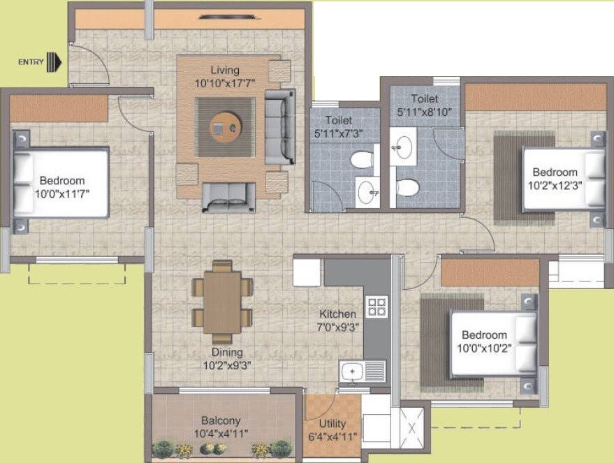 Floor plan of 3 BHK 1879 Sq. Ft. Apartment in Nitesh Hyde Park, Bangalore