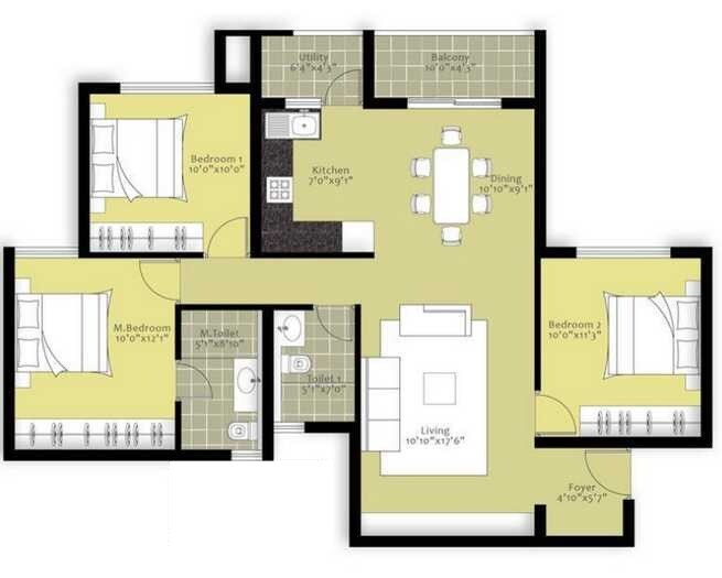 Floor plan of 3 BHK 1891 Sq. Ft. Apartment in Nitesh Hyde Park, Bangalore