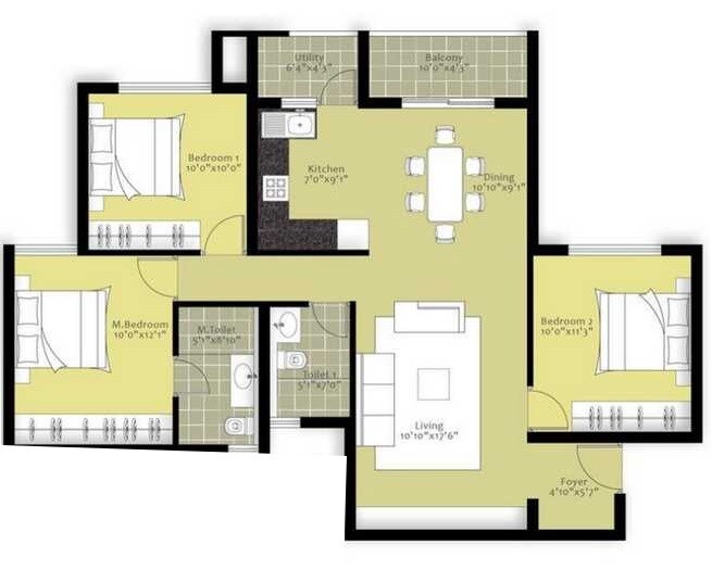 Floor plan of 3 BHK 1908 Sq. Ft. Apartment in Nitesh Hyde Park, Bangalore