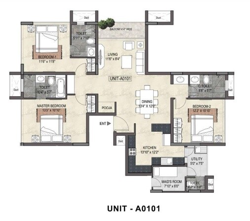 Floor plan of 3 BHK 1986 Sq. Ft. Apartment in Nitesh Knightsbridge, Bangalore