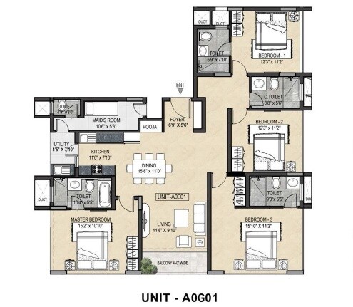 Floor plan of 4 BHK 2315 Sq. Ft. Apartment in Nitesh Knightsbridge, Bangalore