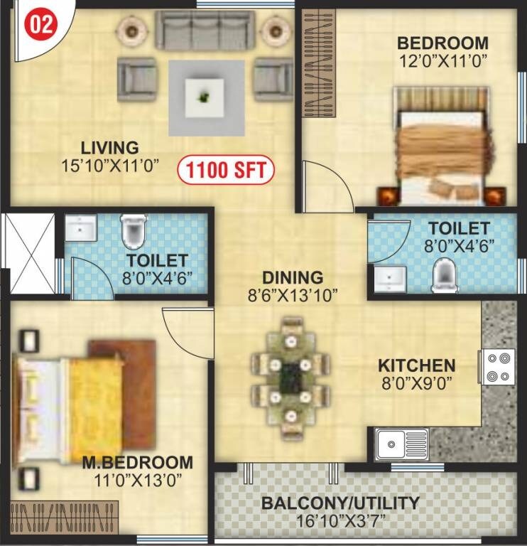 Floor plan of 2 BHK 1100 Sq. Ft. Apartment in North East Elite, Bangalore