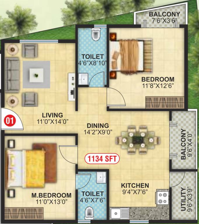 Floor plan of 2 BHK 1134 Sq. Ft. Apartment in North East Elite, Bangalore