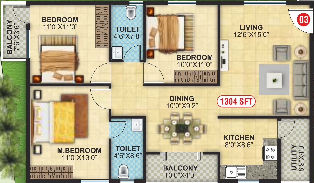 Floor plan of 3 BHK 1304 Sq. Ft. Apartment in North East Elite, Bangalore