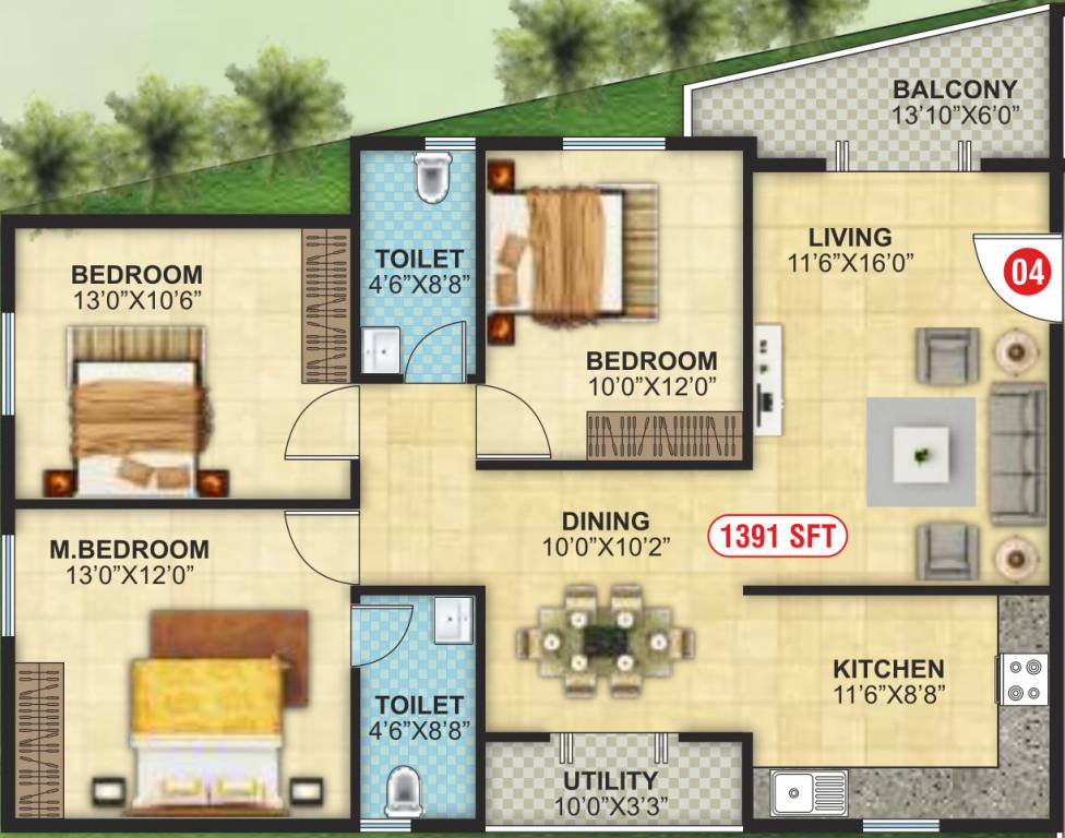 Floor plan of 3 BHK 1391 Sq. Ft. Apartment in North East Elite, Bangalore