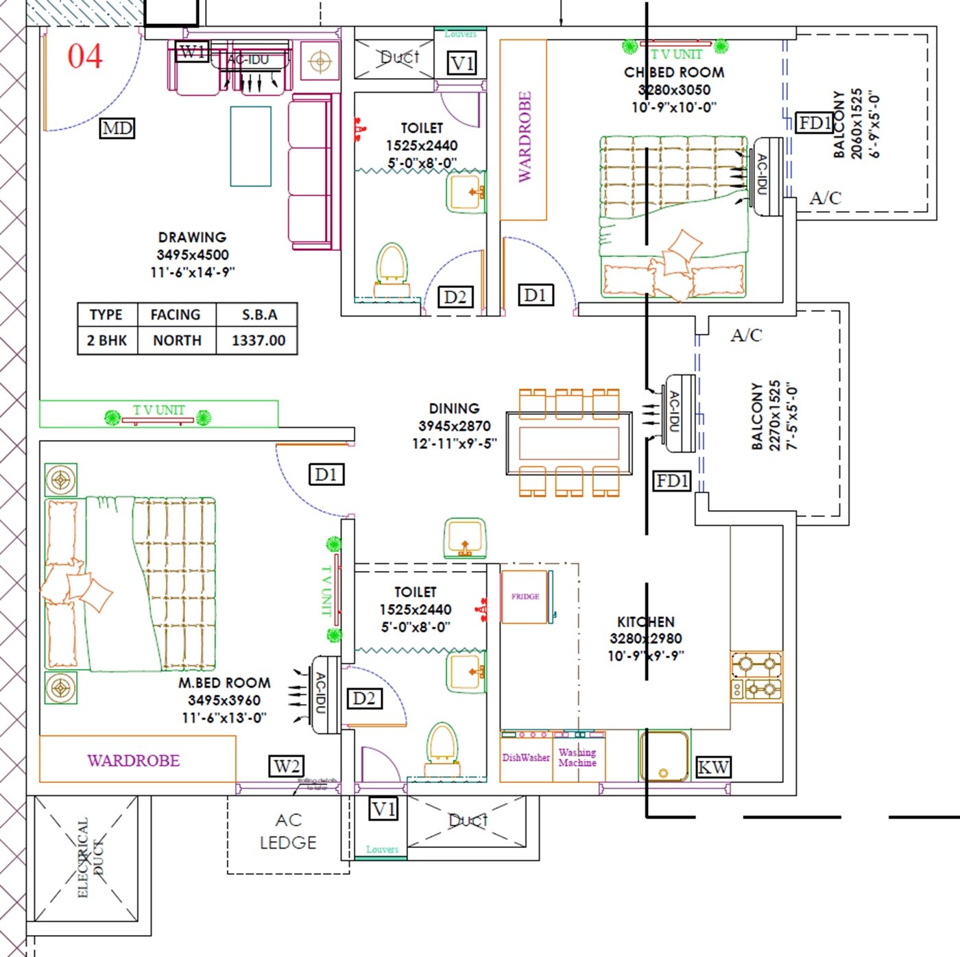 Floor plan of 2 BHK 1337 Sq. Ft. Apartment in NPS Natures Nest, Bangalore