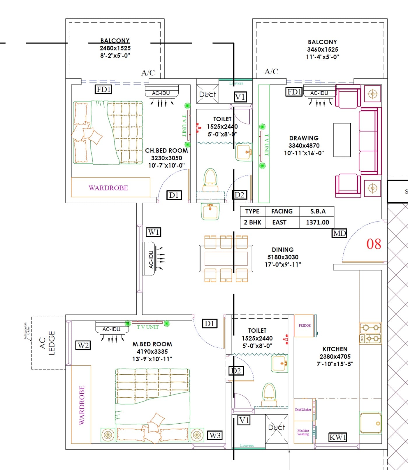 Floor plan of 2 BHK 1371 Sq. Ft. Apartment in NPS Natures Nest, Bangalore