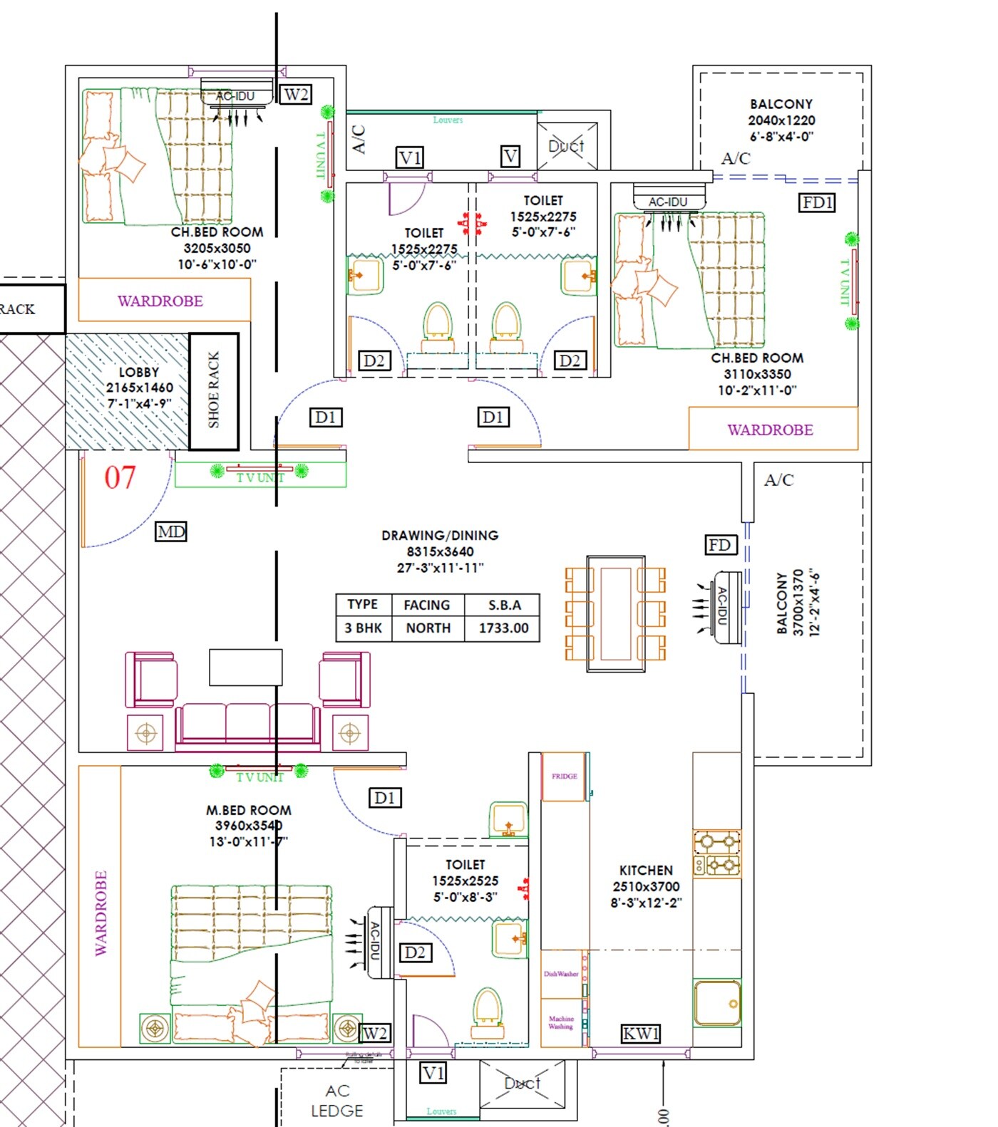 Floor plan of 3 BHK 1733 Sq. Ft. Apartment in NPS Natures Nest, Bangalore