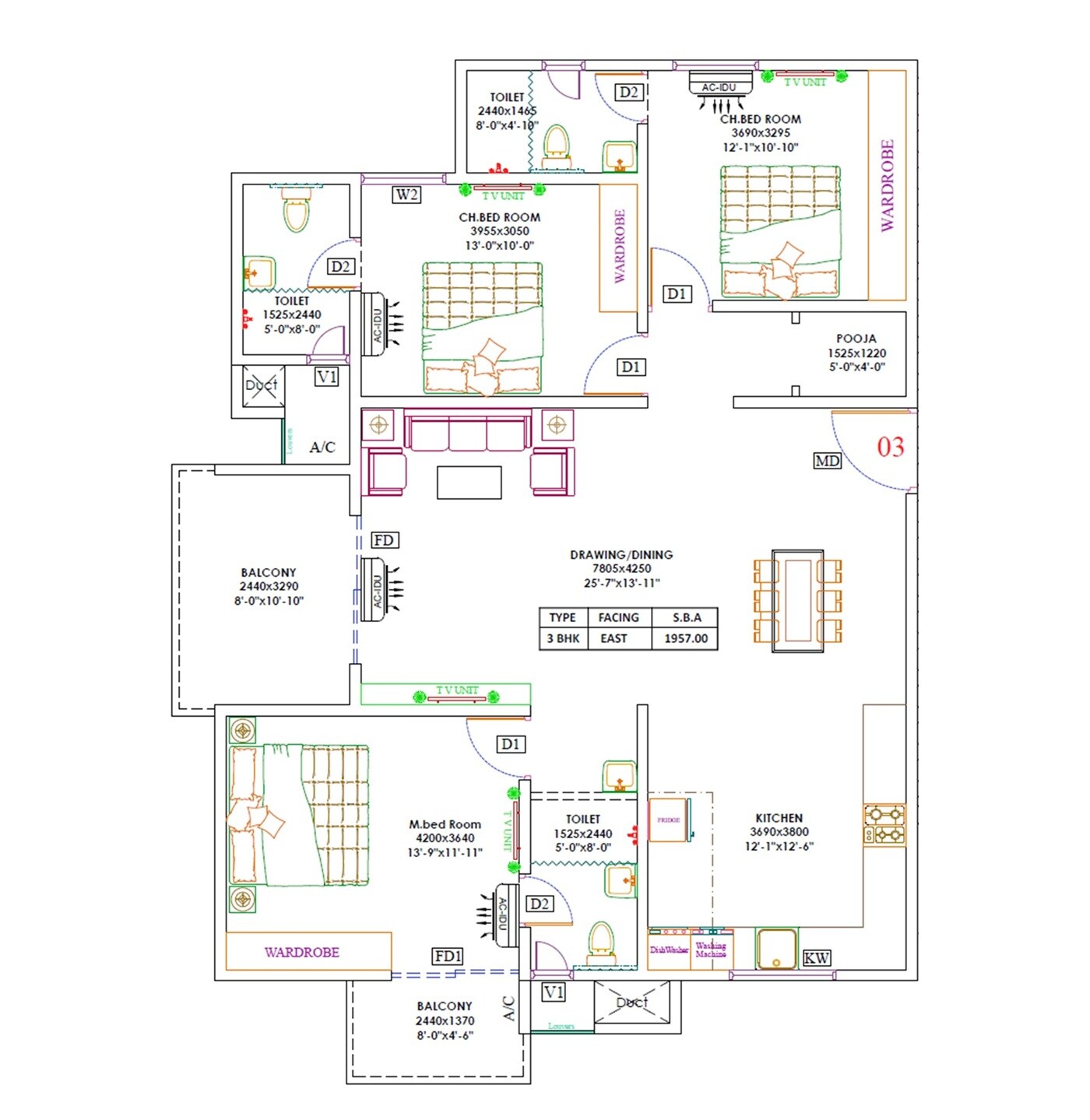 3 BHK 1957 Sq. Ft. Apartment