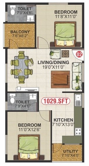 Floor plan of 2 BHK 1029 Sq. Ft. Apartment in NR Infra White Meadows, Bangalore