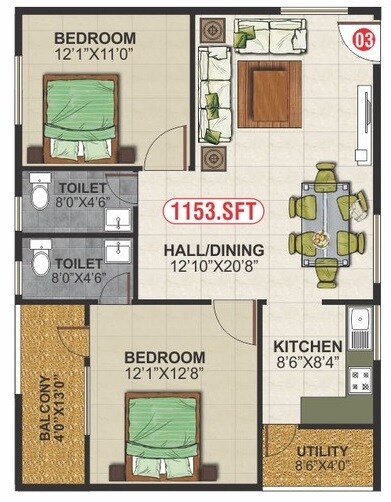 Floor plan of 2 BHK 1153 Sq. Ft. Apartment in NR Infra White Meadows, Bangalore