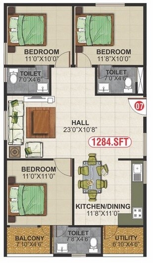 Floor plan of 3 BHK 1284 Sq. Ft. Apartment in NR Infra White Meadows, Bangalore