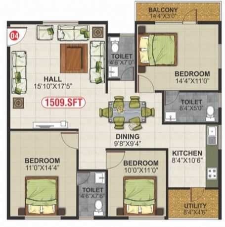 Floor plan of 3 BHK 1509 Sq. Ft. Apartment in NR Infra White Meadows, Bangalore