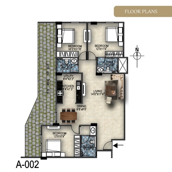 Floor plan of 3 BHK 1888 Sq. Ft. Apartment in NR Kaveri Manor, Bangalore