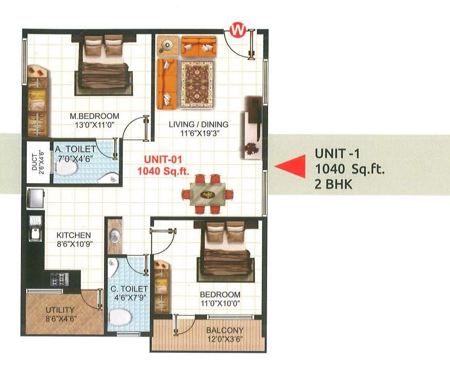 Floor plan of 2 BHK 1040 Sq. Ft. Apartment in NR Pearl Apartments, Bangalore
