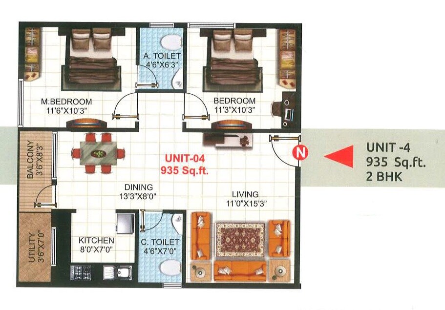 Floor plan of 2 BHK 935 Sq. Ft. Apartment in NR Pearl Apartments, Bangalore