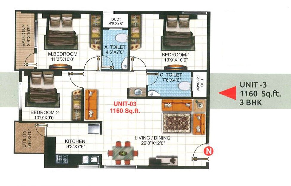 Floor plan of 3 BHK 1160 Sq. Ft. Apartment in NR Pearl Apartments, Bangalore