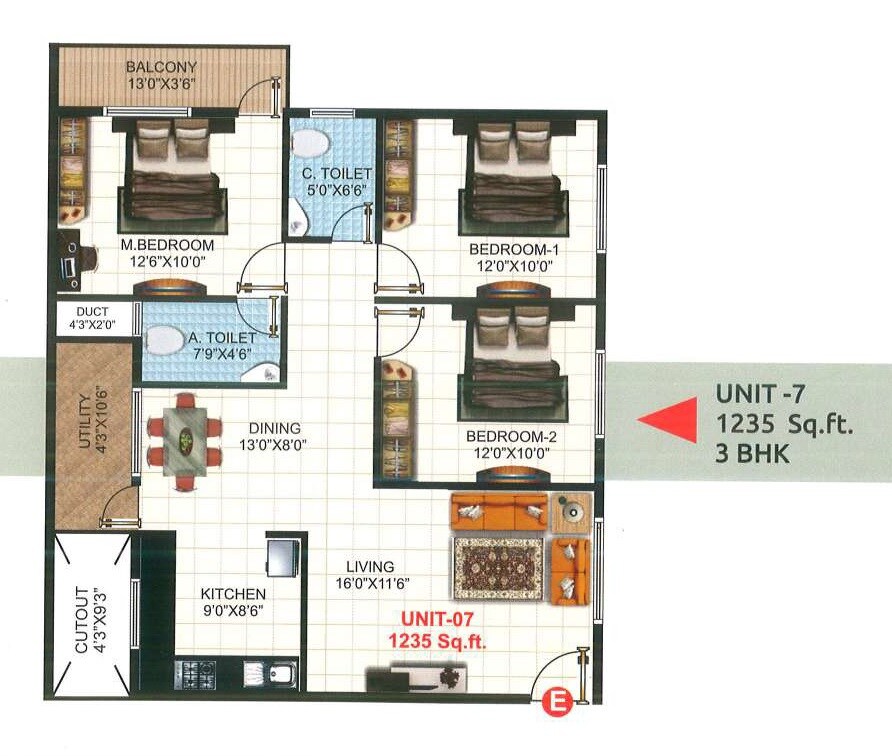 Floor plan of 3 BHK 1235 Sq. Ft. Apartment in NR Pearl Apartments, Bangalore