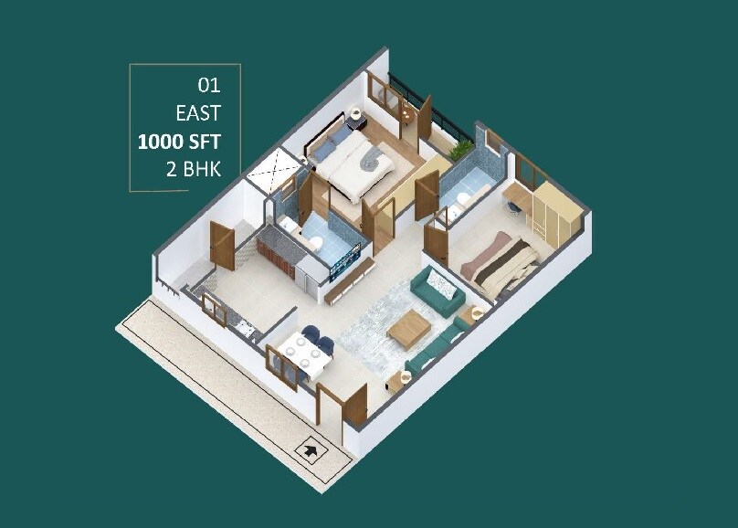 Floor plan of 2 BHK 1000 Sq. Ft. Apartment in NR Prime Residency, Bangalore