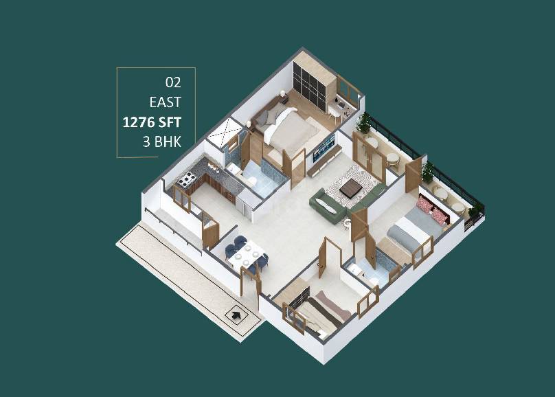 Floor plan of 3 BHK 1276 Sq. Ft. Apartment in NR Prime Residency, Bangalore