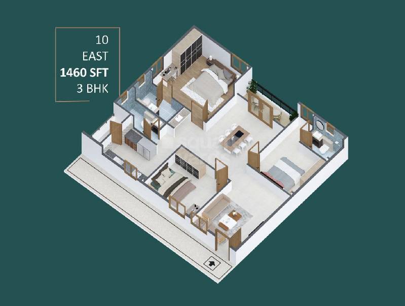 Floor plan of 3 BHK 1460 Sq. Ft. Apartment in NR Prime Residency, Bangalore